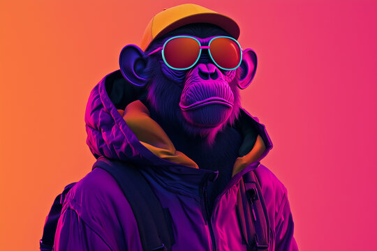 3D digital monkey in streetwear with bright neon details in NFT style isolated solid color background