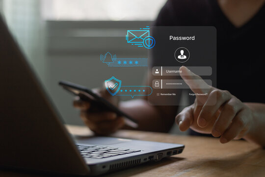 Multi-factor authentication MFA method using mobile smartphone and laptop to protect data account on internet data security concept, computer technology icon. cyber security in two-step verification.