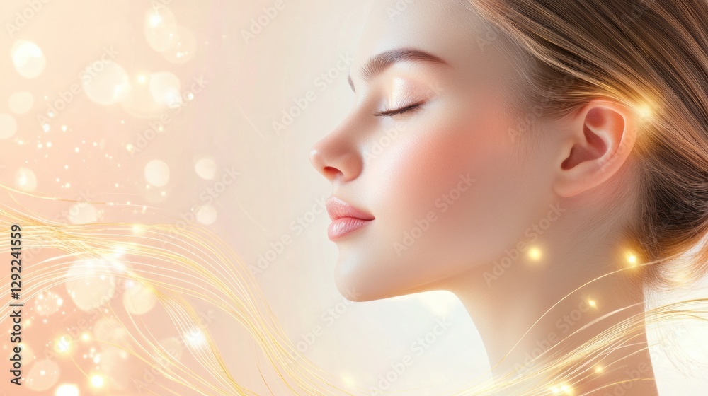 Poster golden lines flow gracefully around a young womans face, illustrating the effects of cosmetic enhanc