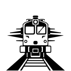 Frontal view of a black and white train speeding towards the viewer over tracks. Clean, minimalist design.
