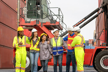 Cheerful Industrial Team Celebrating Success at Cargo Containers, Diverse Team of Workers Motivated...