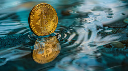 A shining golden dollar coin standing upright on a reflective surface, symbolizing currency concept and ultimate wealth representation.