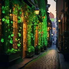 Generated image , evening view of the illuminated street during St. Patrick's Day, decorated with green clovers