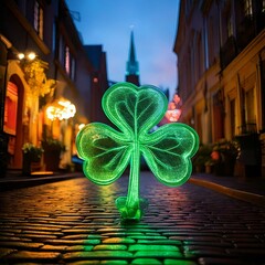 Generated image , evening view of the illuminated street during St. Patrick's Day, decorated with green clovers