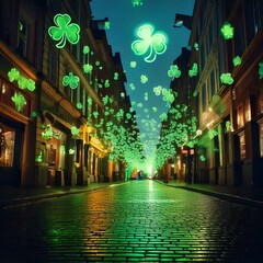 Generated image , evening view of the illuminated street during St. Patrick's Day, decorated with green clovers
