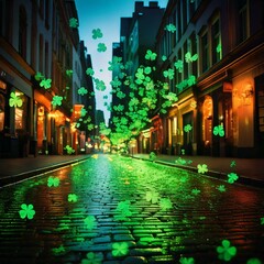 Generated image , evening view of the illuminated street during St. Patrick's Day, decorated with...