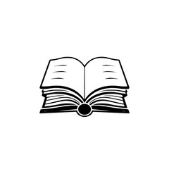 Open book, illustrated in black and white, depicting an open book with pages, lines, and circular binding, on a stark white backdrop.