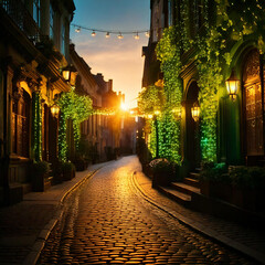 Generated image , evening view of the illuminated street during St. Patrick's Day, decorated with...