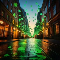 Generated image , evening view of the illuminated street during St. Patrick's Day, decorated with green clovers
