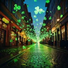 Generated image , evening view of the illuminated street during St. Patrick's Day, decorated with green clovers