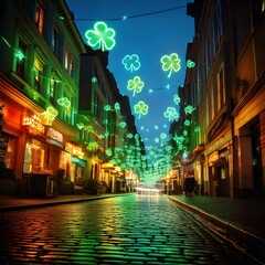 Generated image , evening view of the illuminated street during St. Patrick's Day, decorated with green clovers
