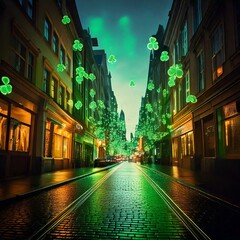 Generated image , evening view of the illuminated street during St. Patrick's Day, decorated with green clovers