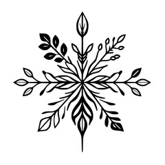 Floral Snowflake Pattern Illustration with Leaves and Branches on White Background.