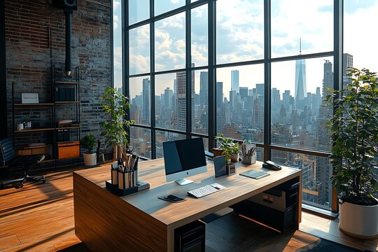 NYC Loft Office Desk with City View - Powered by Adobe