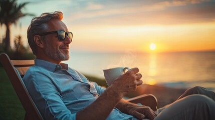 A relaxed man lounging on a beach, his sunglasses shield his eyes, feeling at ease and unhurried in a peaceful outdoor environment