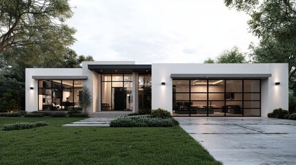 Modern house exterior, driveway, landscaping, evening