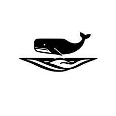 Silhouette of a black whale leaping above a calm sea, minimalist graphic illustration.