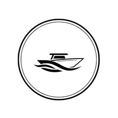 Boat Illustration within a Circle: Minimalist Black and White Logo Design.