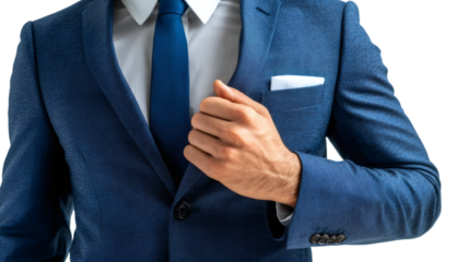 Businessman is adjusting his blue suit while wearing a white shirt and blue tie, on a transparent background