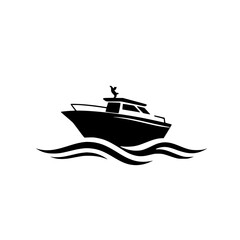Black and White Boat Illustration with a bird on the top and waves in the bottom.