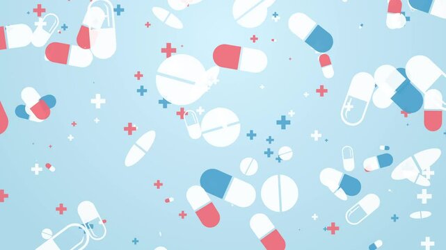 Falling down icons of colored pills on a blue background. Looped simple graphic animation.