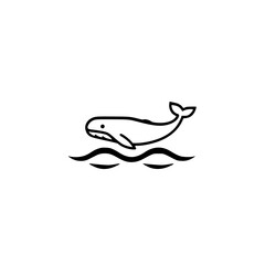 Simple black and white line art of a whale leaping above waves over a white backdrop.