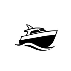 A minimalist, stylized black and white illustration of a motorboat cruising with a contemporary aesthetic, set against a white backdrop.