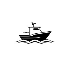 Black and white illustration of a motorboat on waves, depicting a minimalist boat.