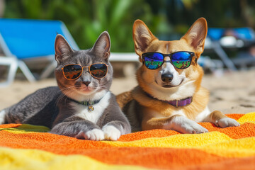 Cat and dog enjoying a summer holiday together, fun vacation vibes