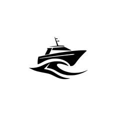 Black and white stylized boat silhouette, with a wave-like design at the bottom.