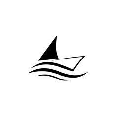 Fototapeta premium Minimalist black and white illustration of a sailboat sailing on water with three waves in a crisp white background.