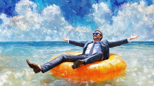 In the sea, a happily outstretched-armed man on an inflatable ring. A memorable summer假期 with thrilling experiences