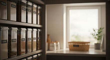 Modern Pantry Storage with Bulk Grains and Soft Natural Light, Glass Containers and Wooden Accents, Organization 