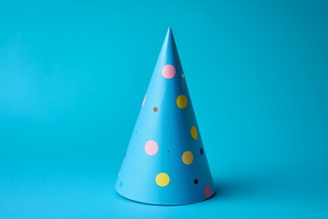 Blue party hat isolated on a blue background