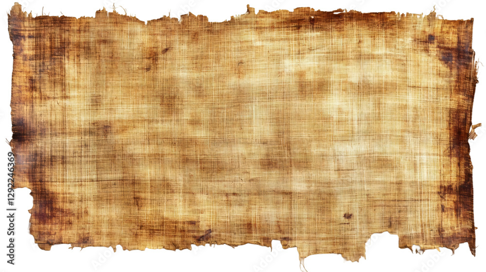 Poster ancient papyrus paper sheet with damaged and ragged edges, isolated on transparent background, ideal