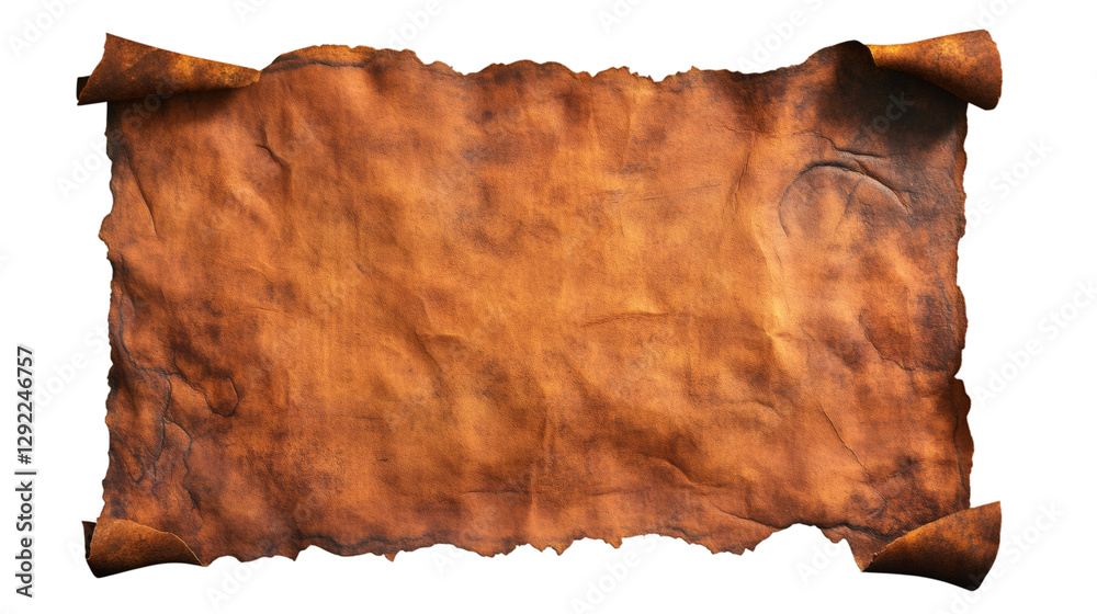 Poster Old burnt horizontal scroll of parchment paper with curled edges on transparent background, perfect for collages