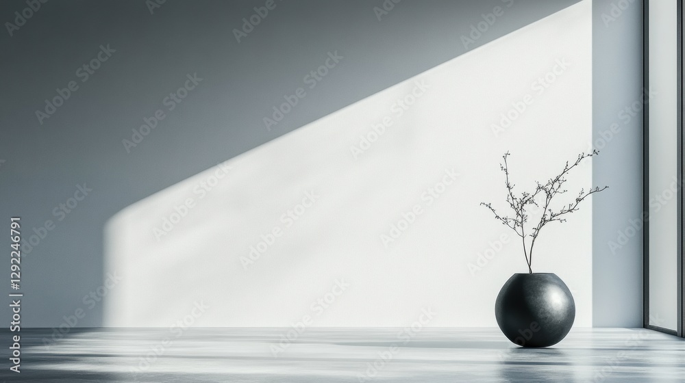 Poster minimalistic interior design featuring a black vase with a single branch and dramatic light reflecti