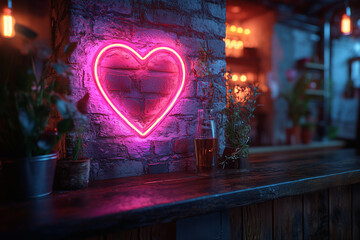 Pink Neon Glowing Heart in the Dark – Romantic Night Cafe with Neon Heart Sign in Urban Style