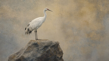 Fototapeta premium A solitary crane perched on a weathered stone, misty atmosphere, tranquil setting