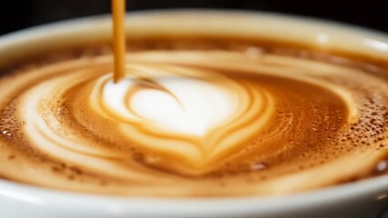 hot coffee is poured into a cup, creating a rich crema. velvety foam forms as cappuccino is prepared. concept of barista expertise and coffee artistry.