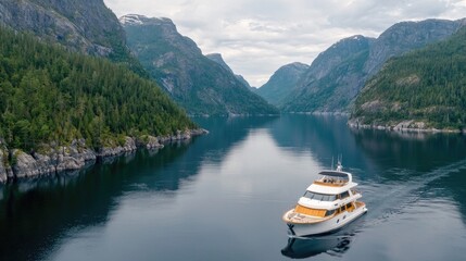 Luxury yacht cruising fjord, mountains backdrop, calm waters, travel brochure
