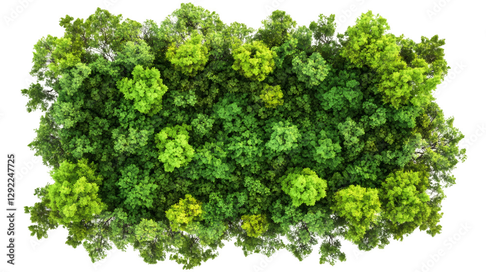 Poster top view of a dense forest canopy forming a lush green patch, isolated on a transparent background f