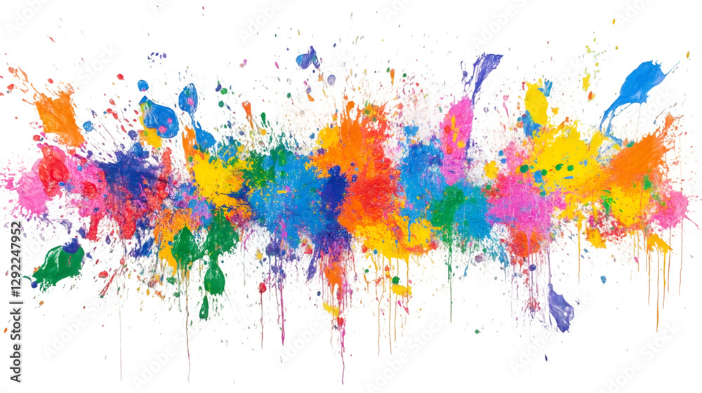 Poster Colorful paint splashing across wide horizontal banner, covering transparent surface with dynamic artistic expression