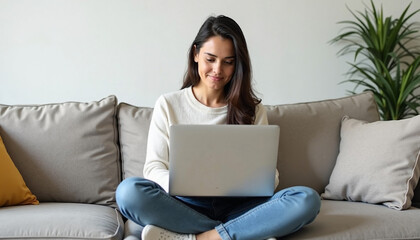 Naklejka premium Smiling woman using laptop while sitting on sofa