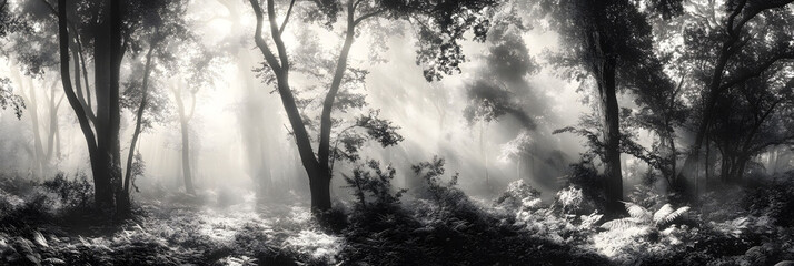 Obraz premium Sunbeams Piercing Through a Misty Forest: A Black and White Panorama