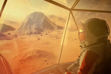 Fototapeta premium Martian Vista: A lone astronaut gazes through the viewport of a habitat, marveling at the desolate, yet captivating Martian landscape with a distant mountain range.