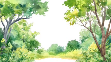 Forest watercolor rendering, verdant green creating organic border, transparent background inviting seamless design integration