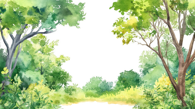Forest watercolor rendering, verdant green creating organic border, transparent background inviting seamless design integration