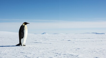 Fototapeta premium An elegant Emperor Penguin standing alone on a vast icy landscape under a clear blue sky, conveying a sense of solitude and tranquility