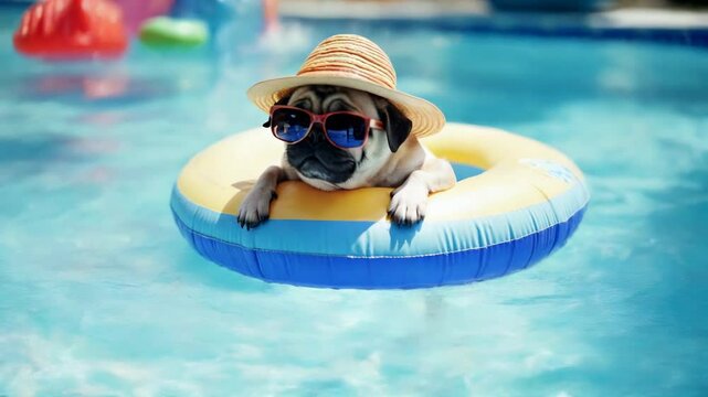 Cute Pug Relaxing on a Pool Float with Sunglasses and Hat &ndash; Fun Summer Pet Scene